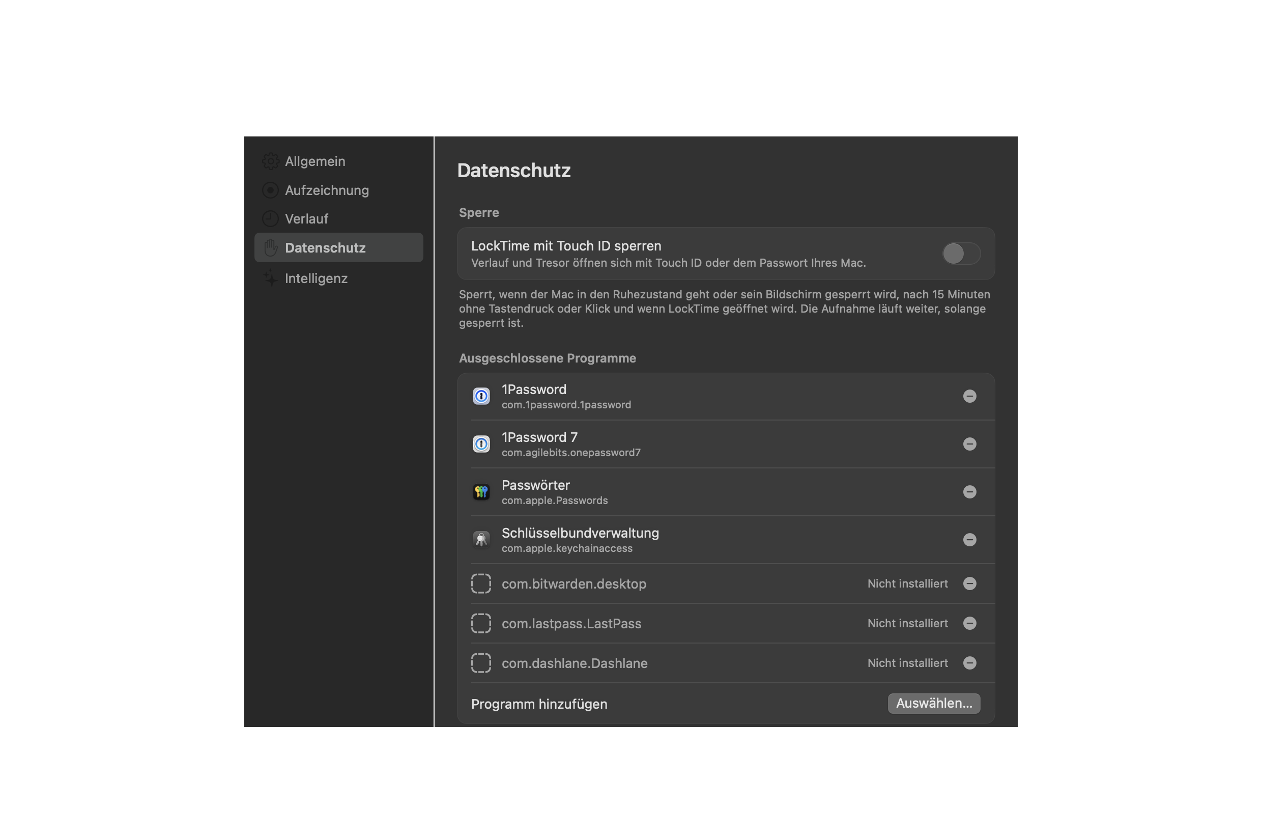 Die Datenschutzeinstellungen von LockTime: die Liste ausgeschlossener Apps, in der Passwortmanager schon stehen.