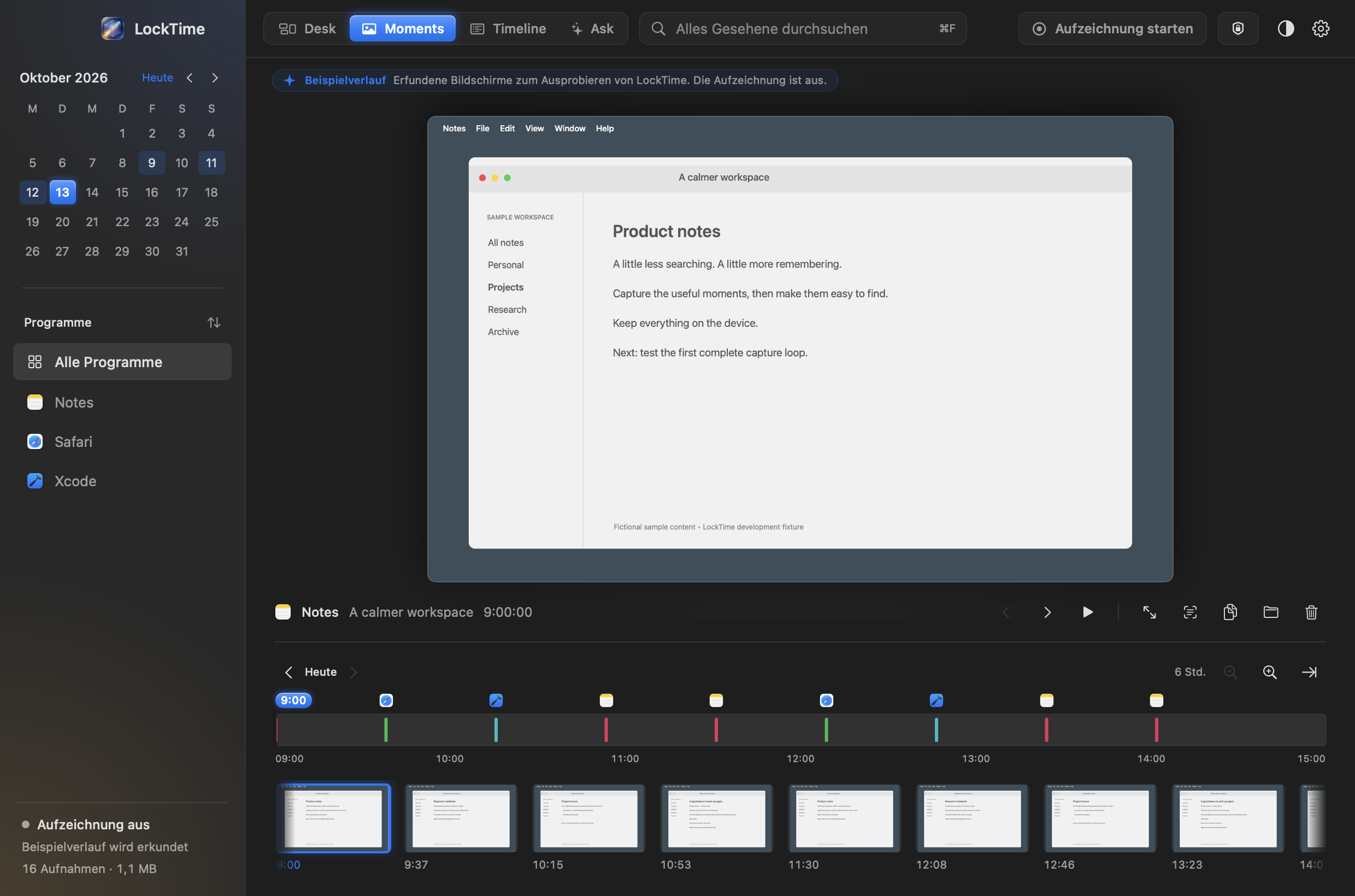 LockTimes Arbeitsbereich: ein Suchfeld mit Desk, Moments, Timeline und Ask daneben, ein Kalender mit den aktiven Tagen, eine große Aufnahme eines Notizfensters, darunter der Tag als Streifen von Momenten und oben rechts der Knopf für den Tresor.