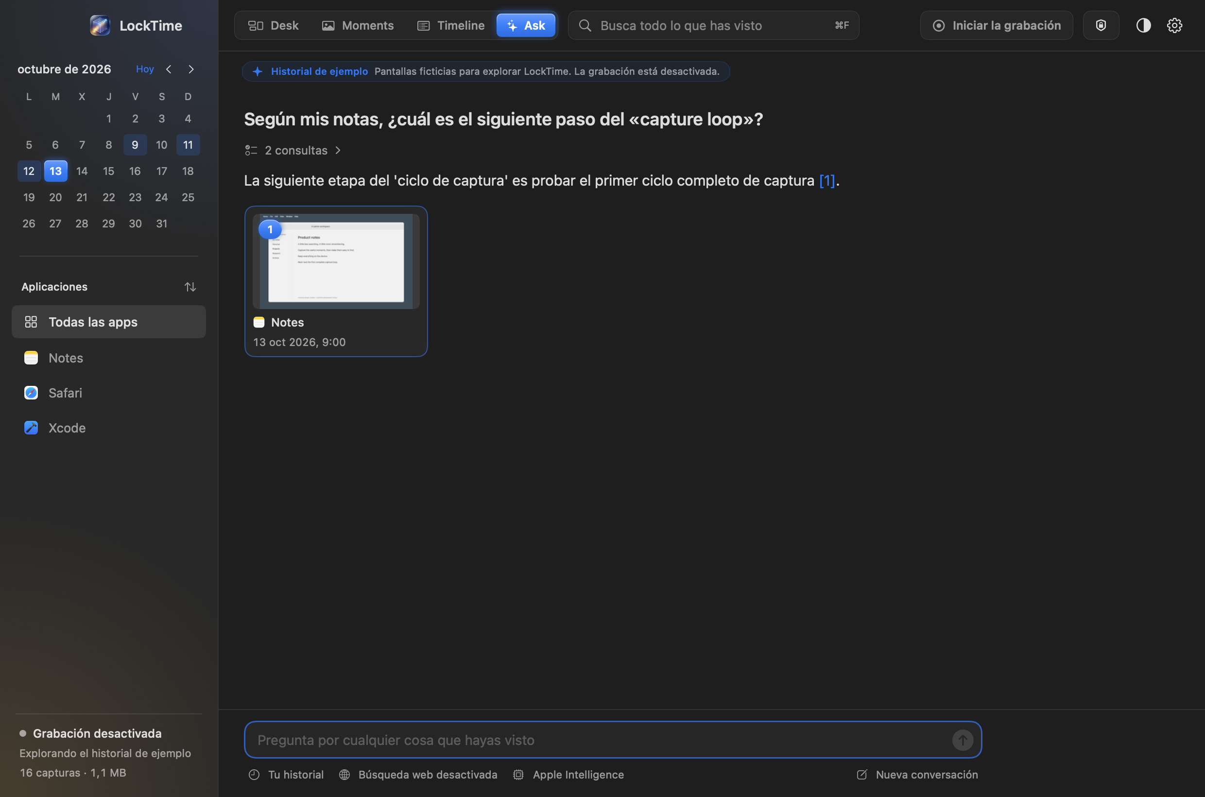 La vista Ask de LockTime: una pregunta escrita con palabras corrientes, una respuesta breve que cita un momento numerado y, debajo, las capturas que encontró, con la citada resaltada.
