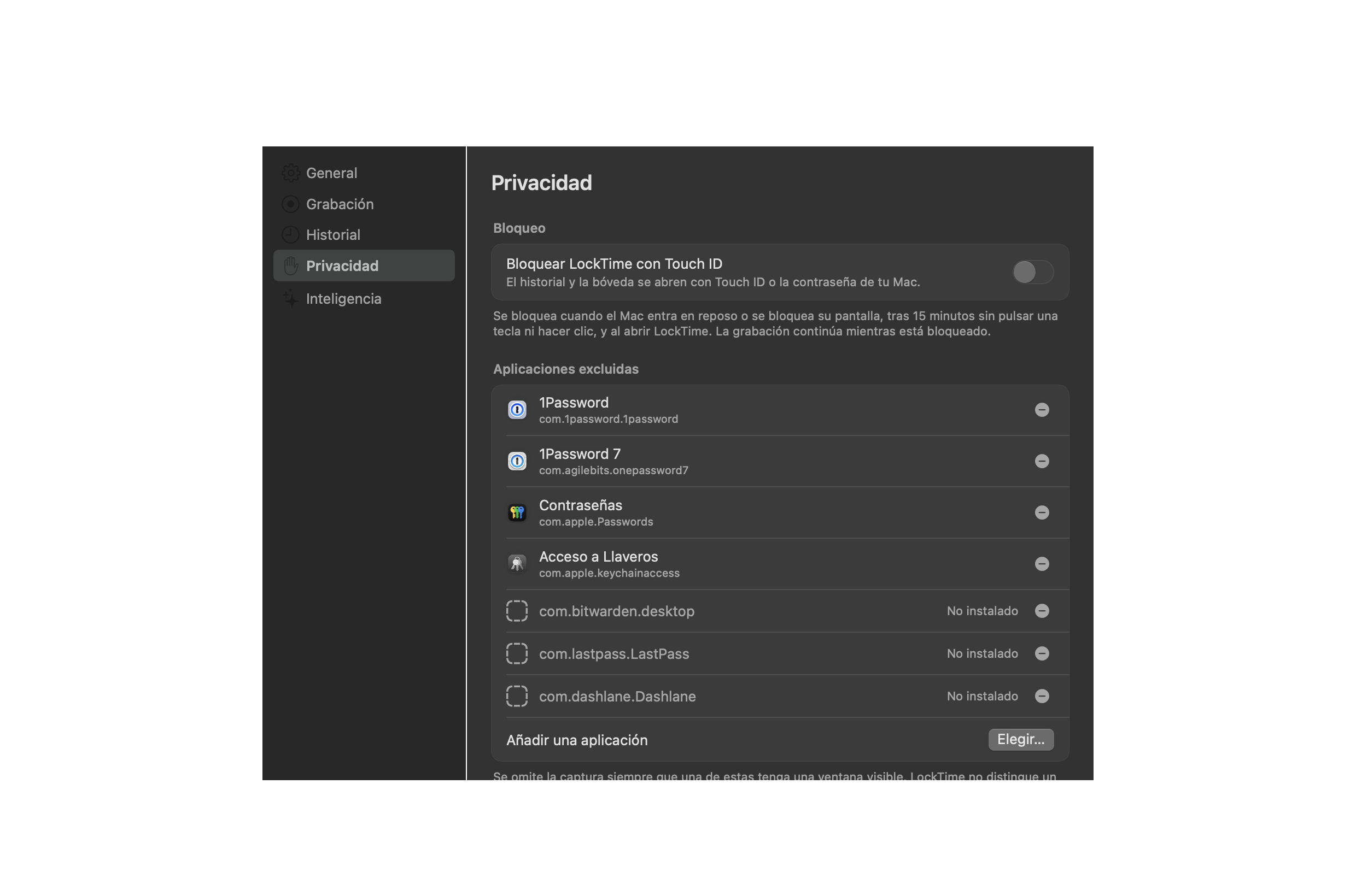 Los ajustes de privacidad de LockTime: la lista de aplicaciones excluidas, con los gestores de contraseñas ya incluidos.