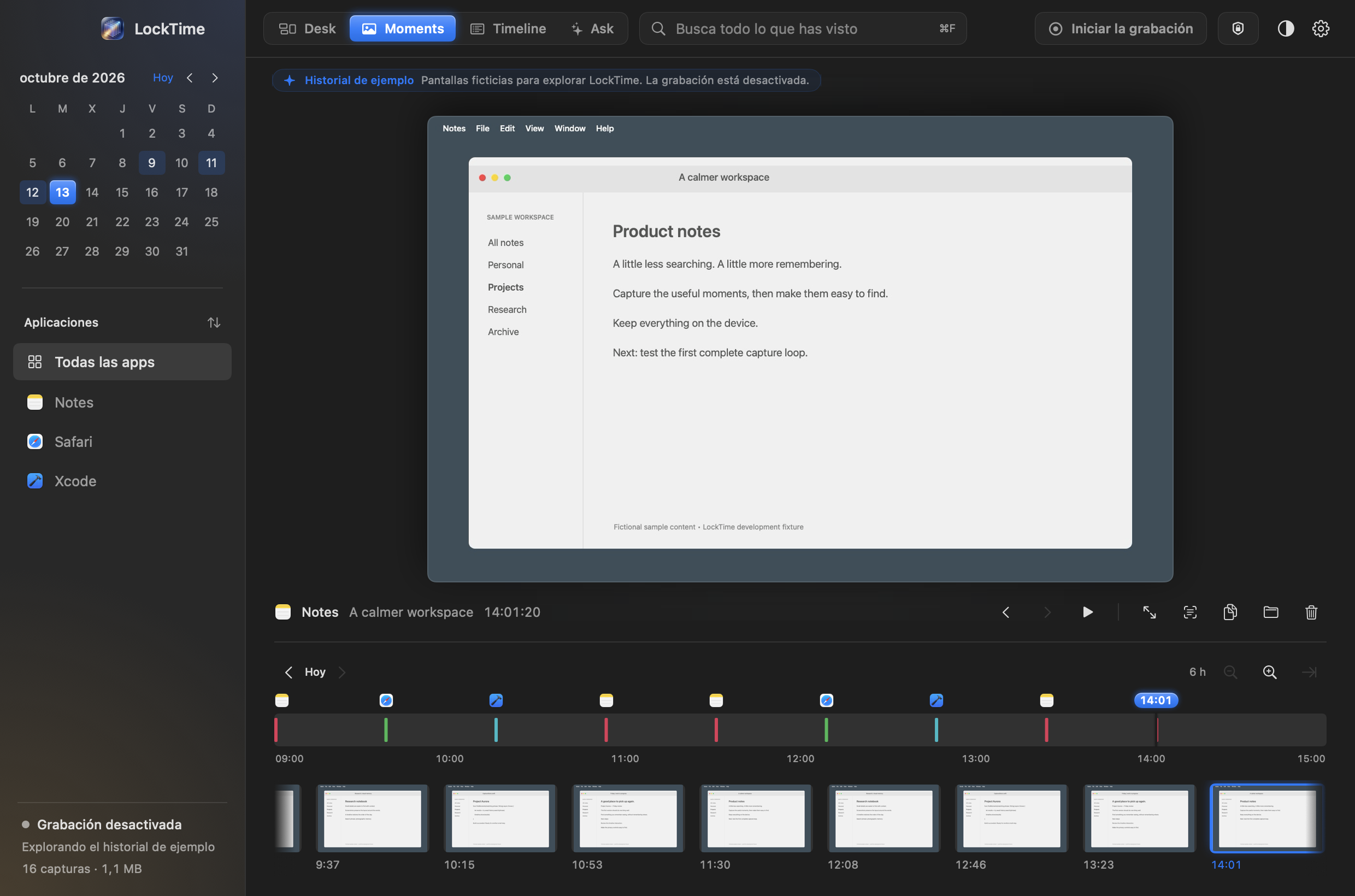 El espacio de trabajo de LockTime: un campo de búsqueda con Desk, Moments, Timeline y Ask al lado, un calendario con los días que tuvieron actividad, una captura grande de una ventana de notas, debajo, el día en una tira de momentos y, arriba a la derecha, el botón de la Bóveda.