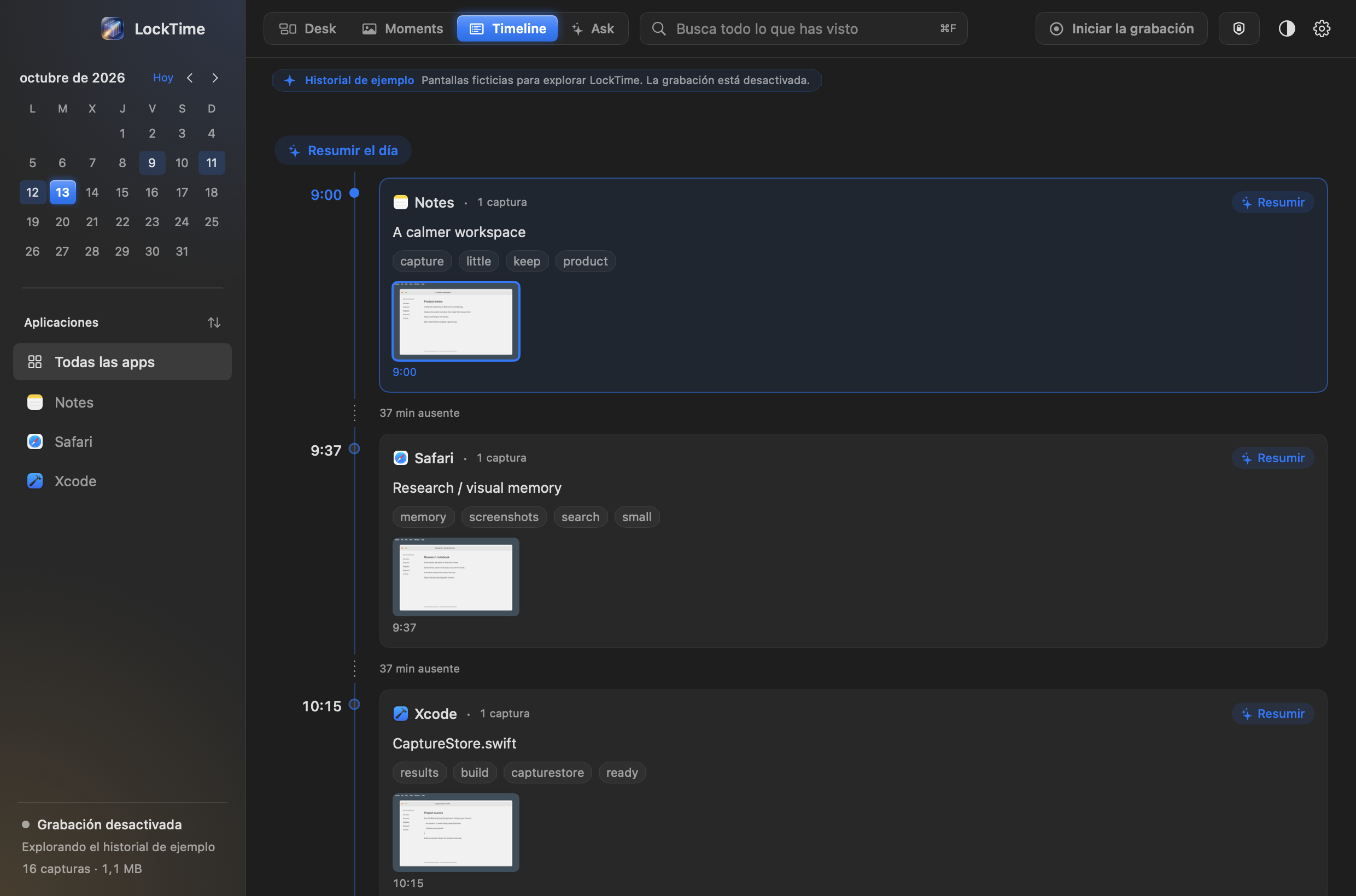 La vista Timeline de LockTime: un día dividido en tramos, cada uno con su aplicación, su título, sus palabras clave y sus miniaturas; los huecos entre ellos aparecen marcados como tiempo ausente.