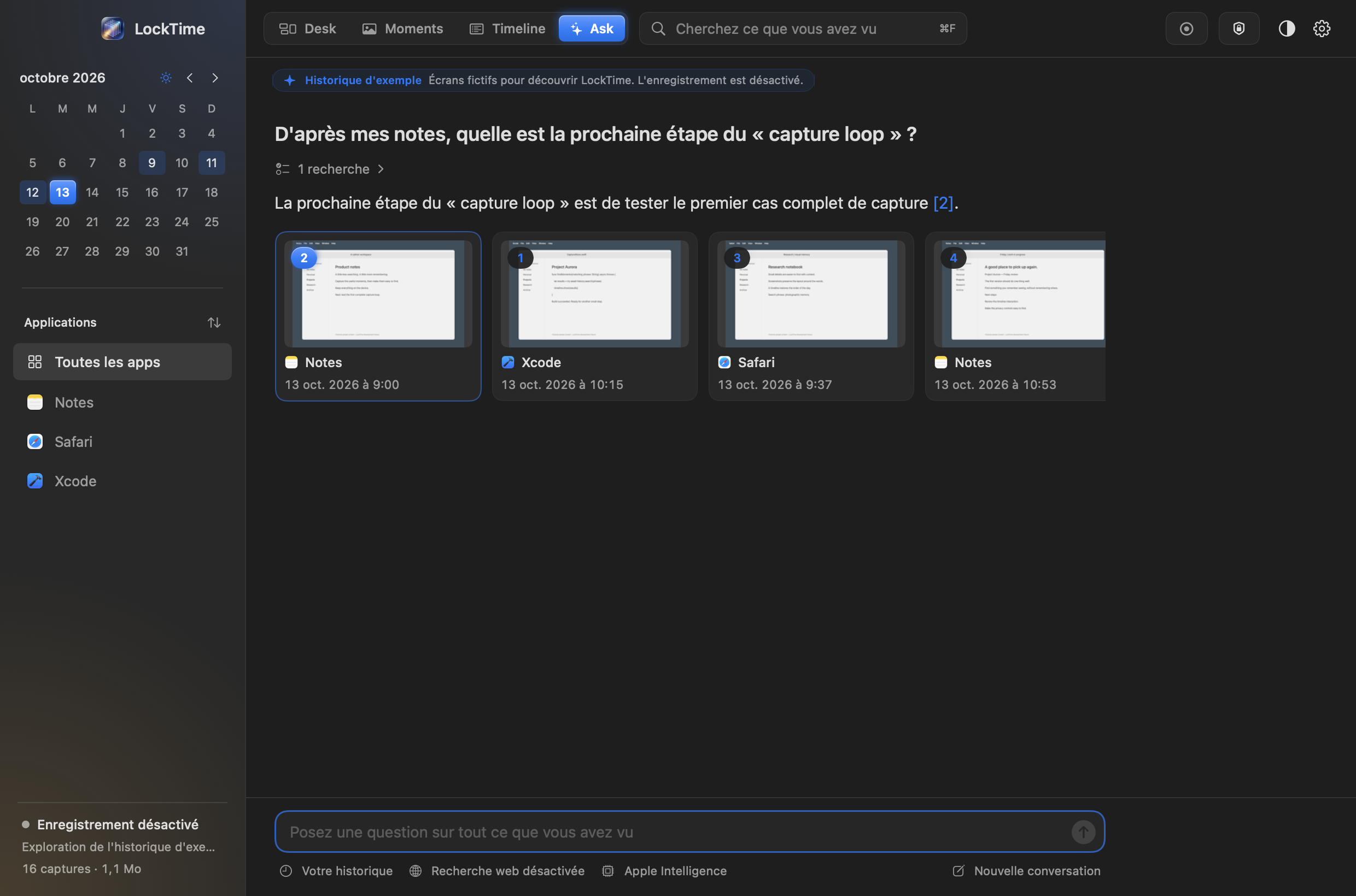 La vue Ask de LockTime : une question tapée en langage courant, une courte réponse citant un moment numéroté et, en dessous, les captures trouvées, celle qui est citée mise en évidence.