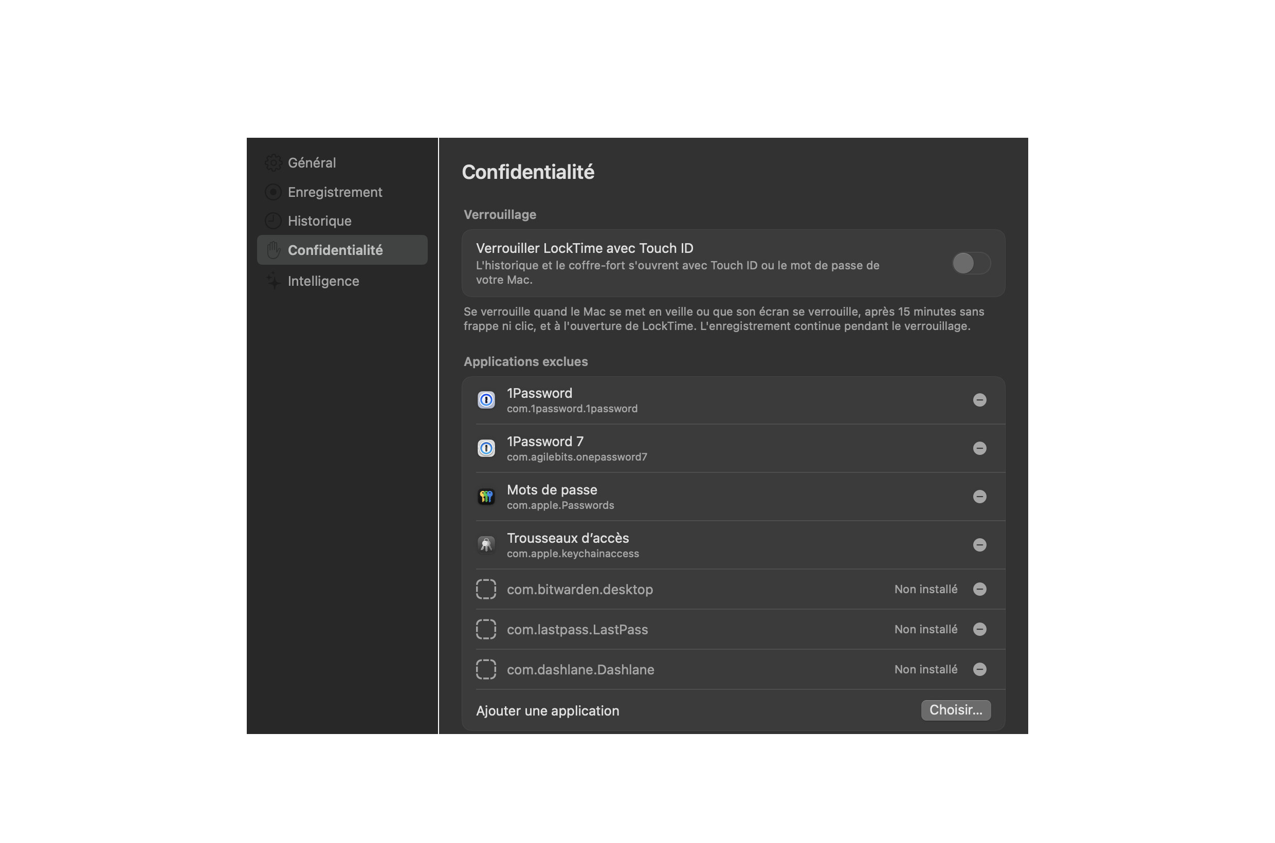 Les réglages de confidentialité de LockTime : la liste des applications exclues, où figurent déjà les gestionnaires de mots de passe.
