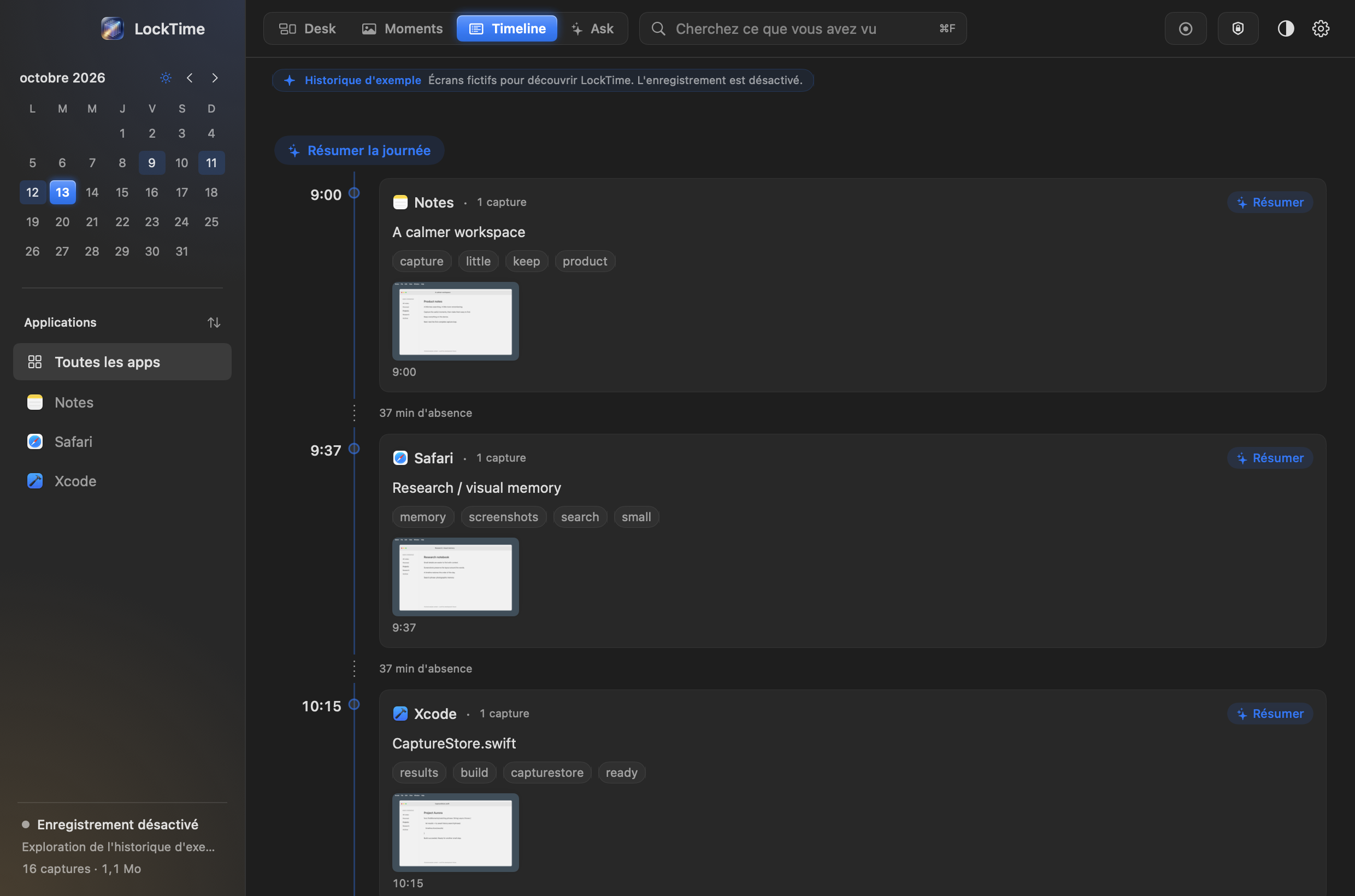 La vue Timeline de LockTime : une journée découpée en plages, chacune avec son application, son titre, ses mots-clés et ses vignettes, les intervalles étant marqués comme temps d'absence.