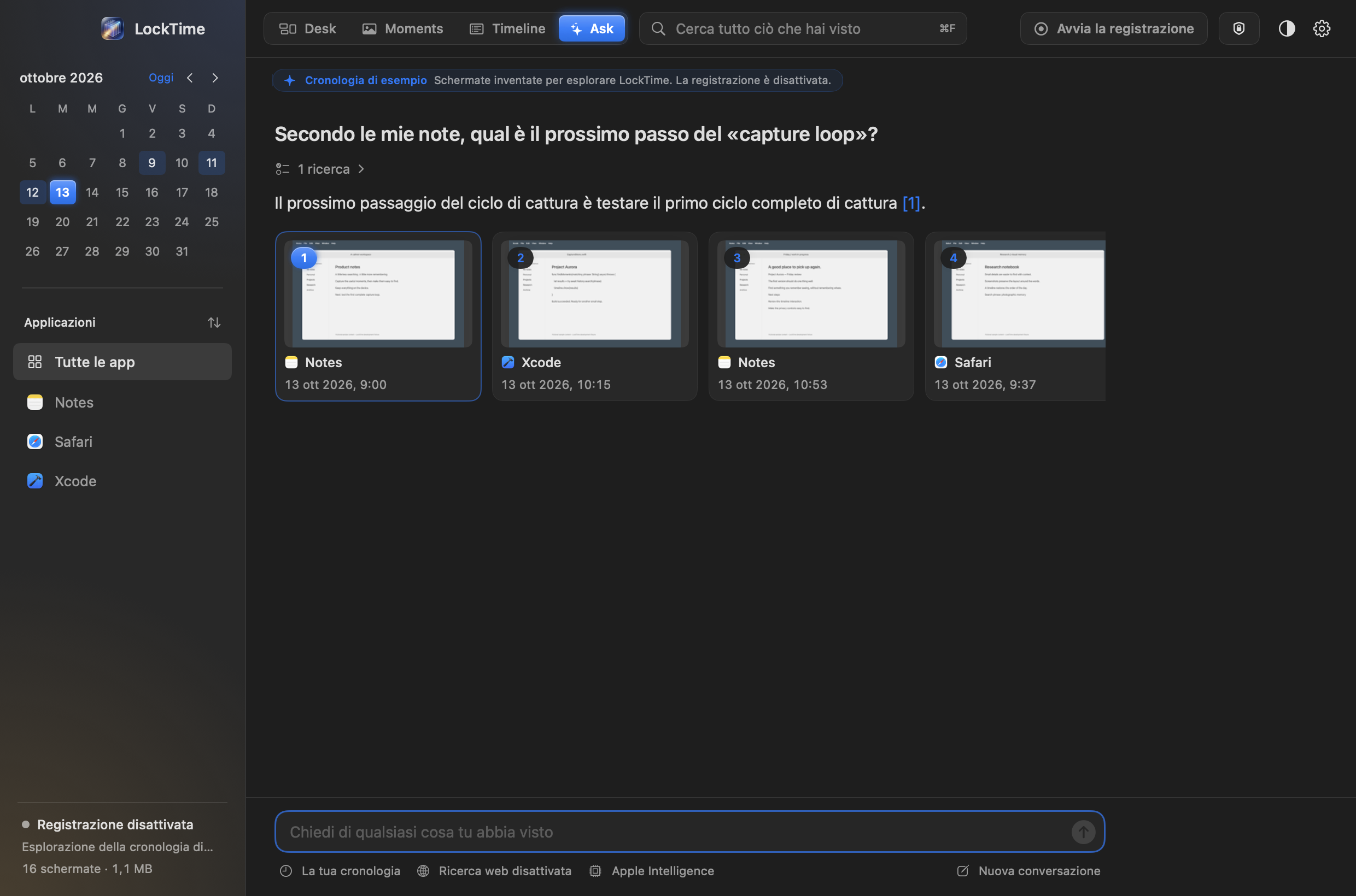 La vista Ask di LockTime: una domanda scritta con parole comuni, una risposta breve che cita un momento numerato e, sotto, le schermate trovate, con quella citata evidenziata.