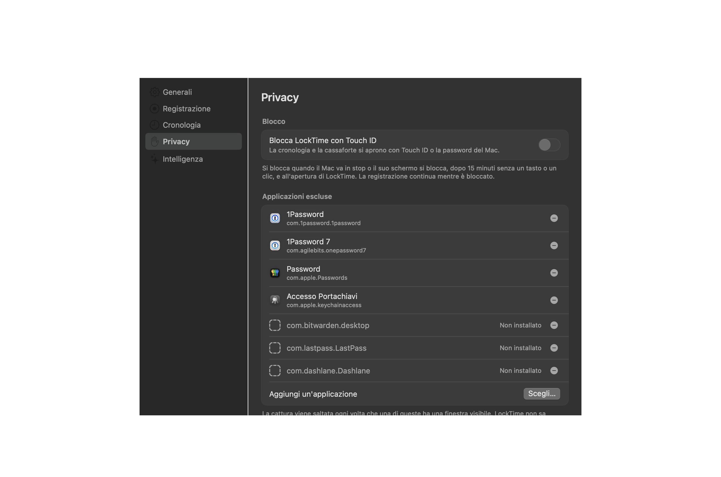 Le impostazioni sulla privacy di LockTime: l'elenco delle app escluse, con i gestori di password già presenti.