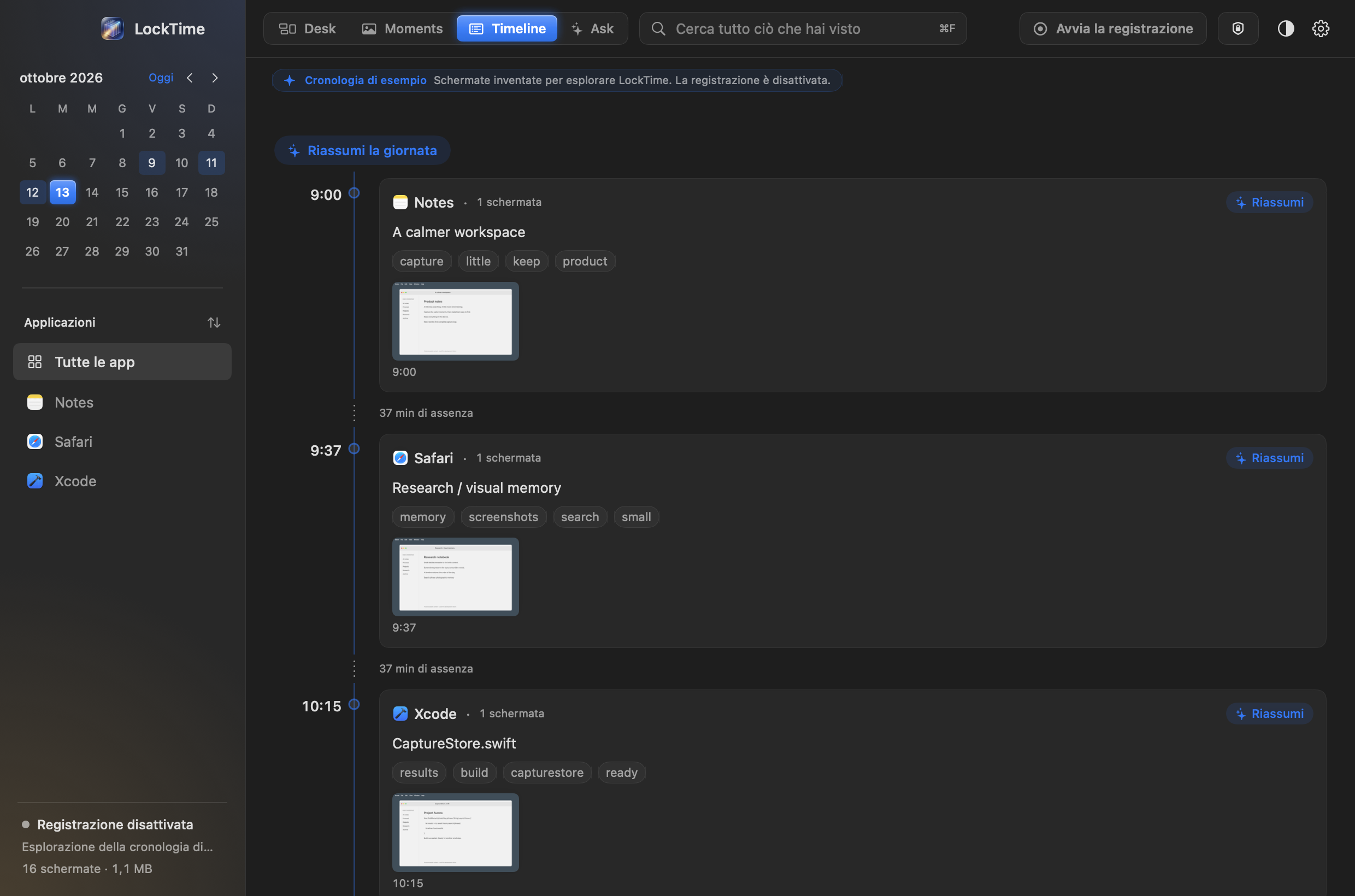 La vista Timeline di LockTime: una giornata divisa in tratti, ciascuno con la sua applicazione, il titolo, le parole chiave e le miniature; gli spazi tra l'uno e l'altro sono segnati come tempo di assenza.