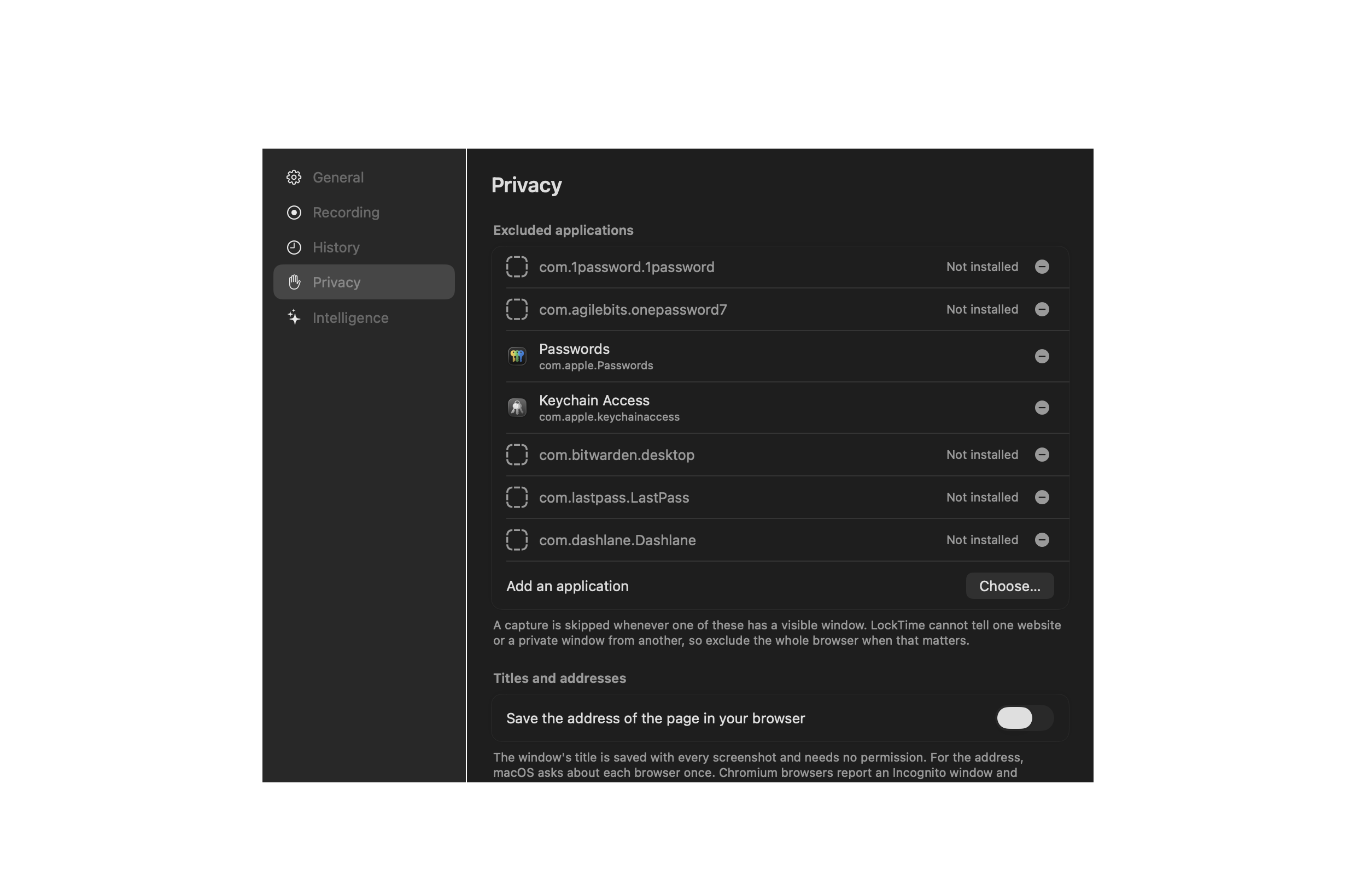 LockTime 的隐私设置：已经包含密码管理器的排除应用列表，以及是否保存浏览器页面地址的开关。