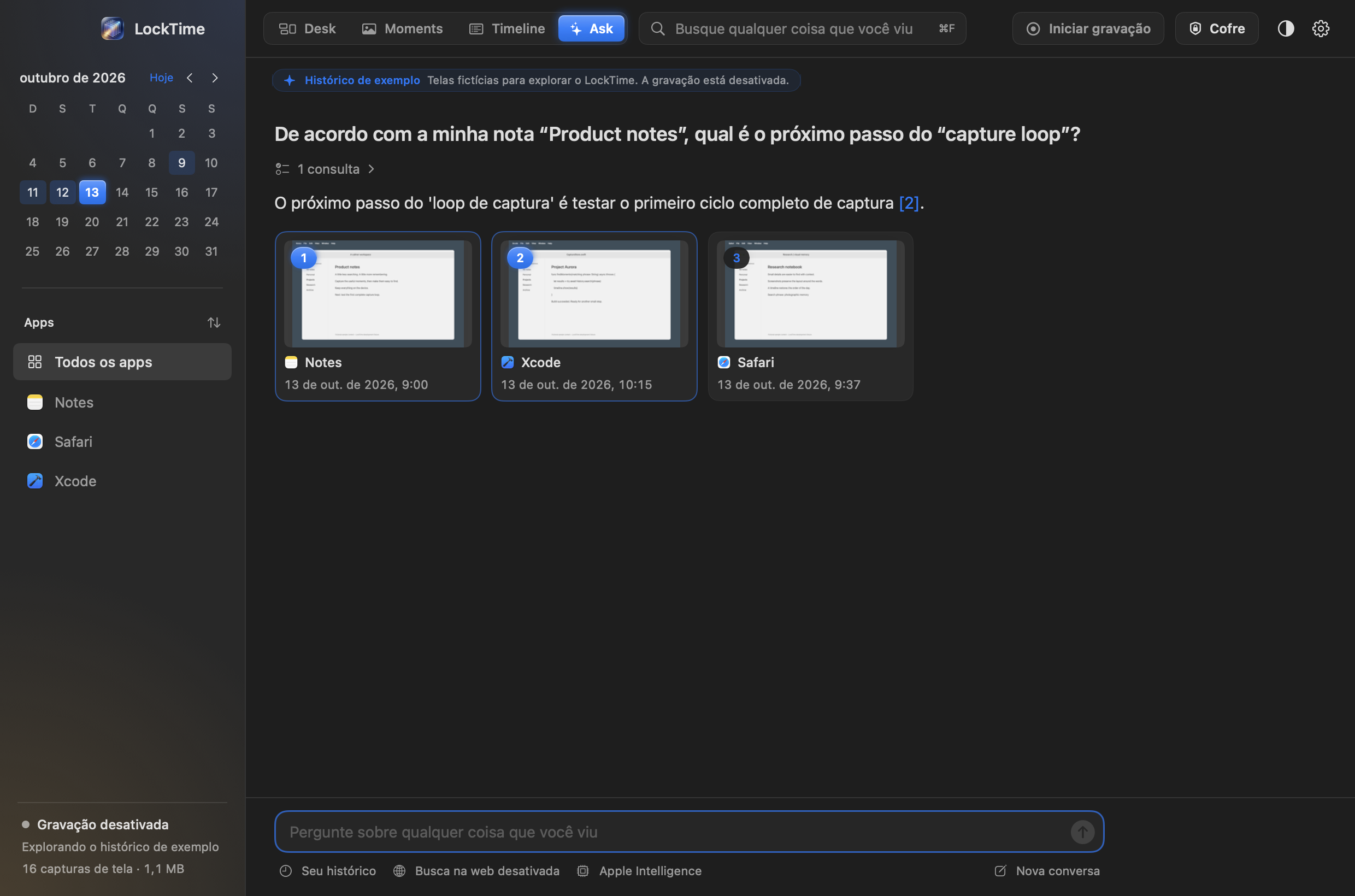 O Ask do LockTime: uma pergunta digitada com palavras simples, uma resposta curta escrita citando um momento numerado e, logo abaixo, as capturas de tela encontradas, com a citada em destaque.