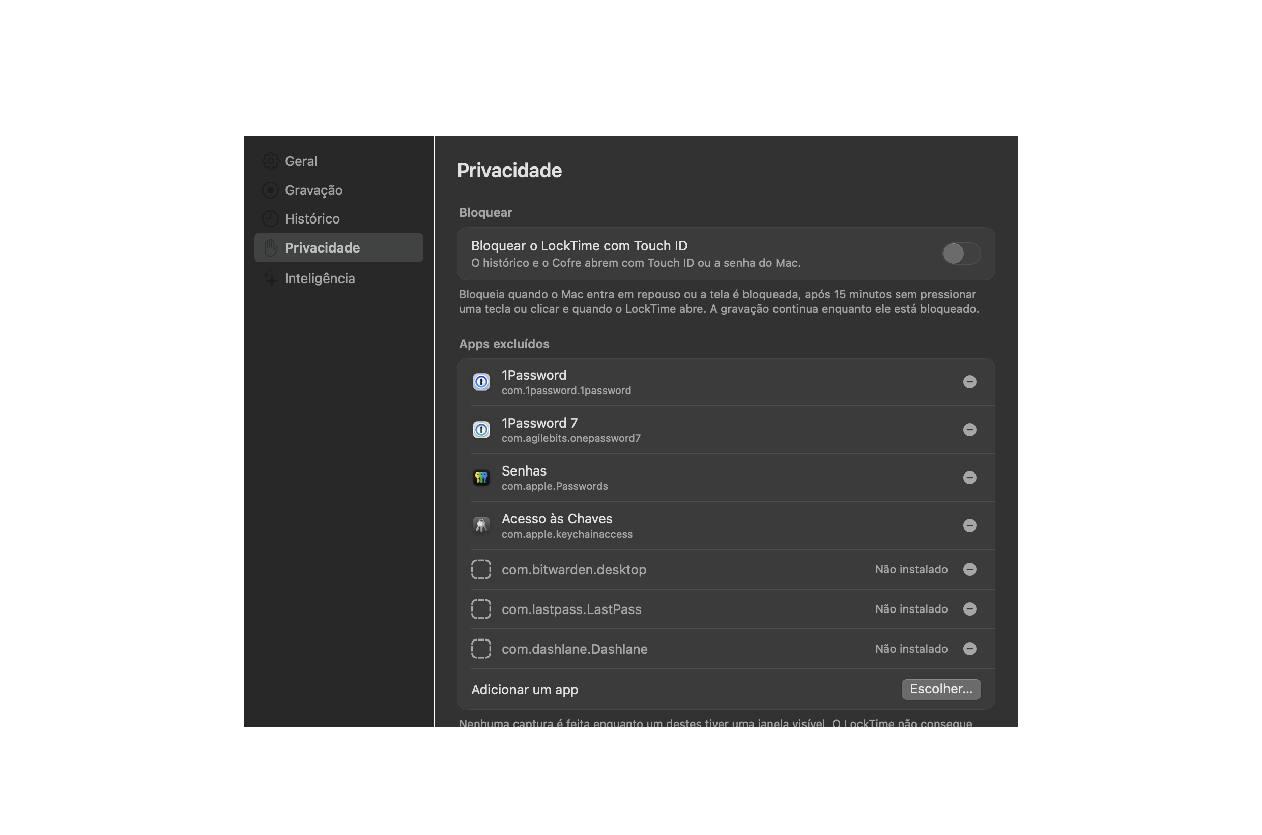 Os ajustes de privacidade do LockTime: a lista de apps excluídos, já com os gerenciadores de senhas nela.